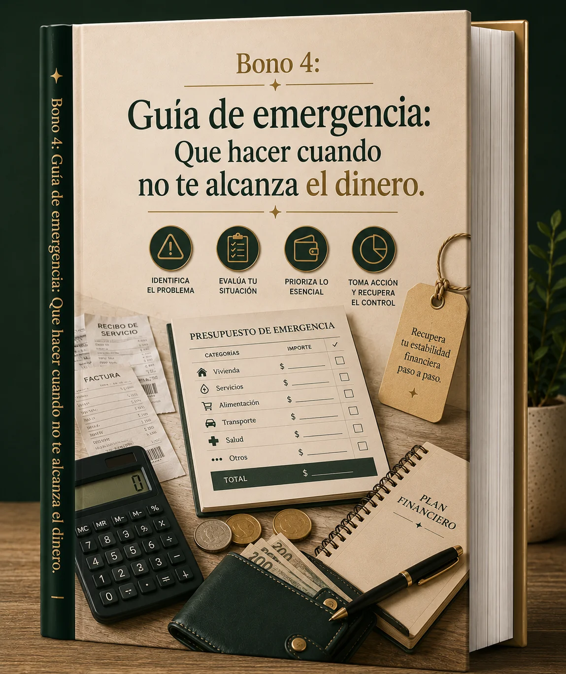 Pequeña guía de emergencia de portada verde junto a un sobre con billetes