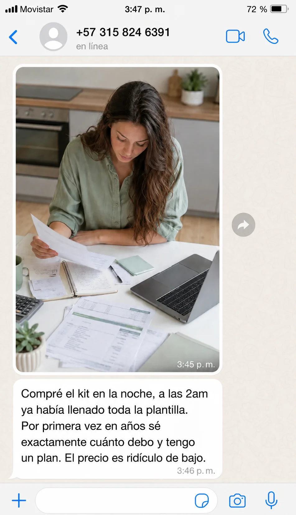 Mensaje de una compradora que ya sabe cuánto debe y tiene un plan