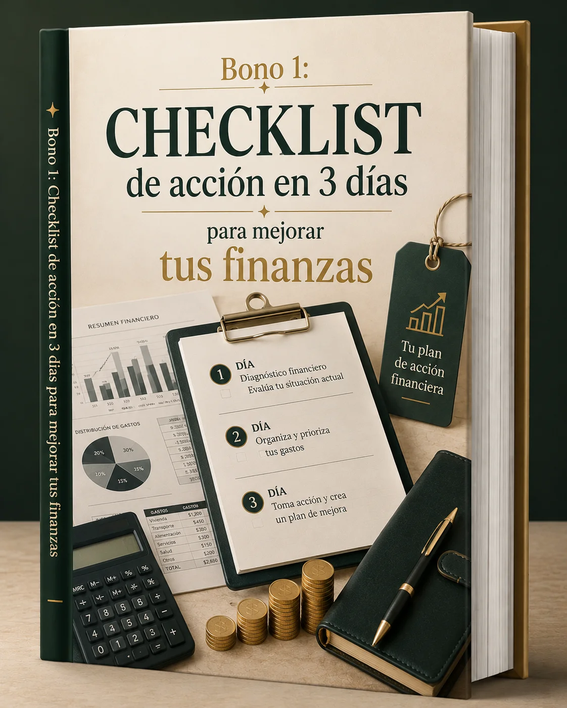 Checklist impreso en una tabla de madera con casillas marcadas en verde