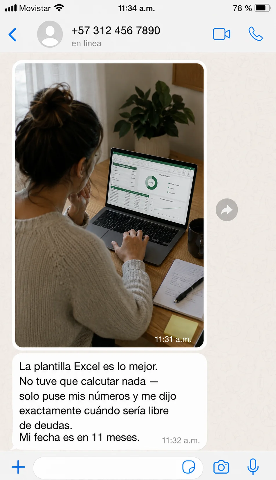Mensaje de una compradora usando la plantilla de Excel para su fecha libre de deudas