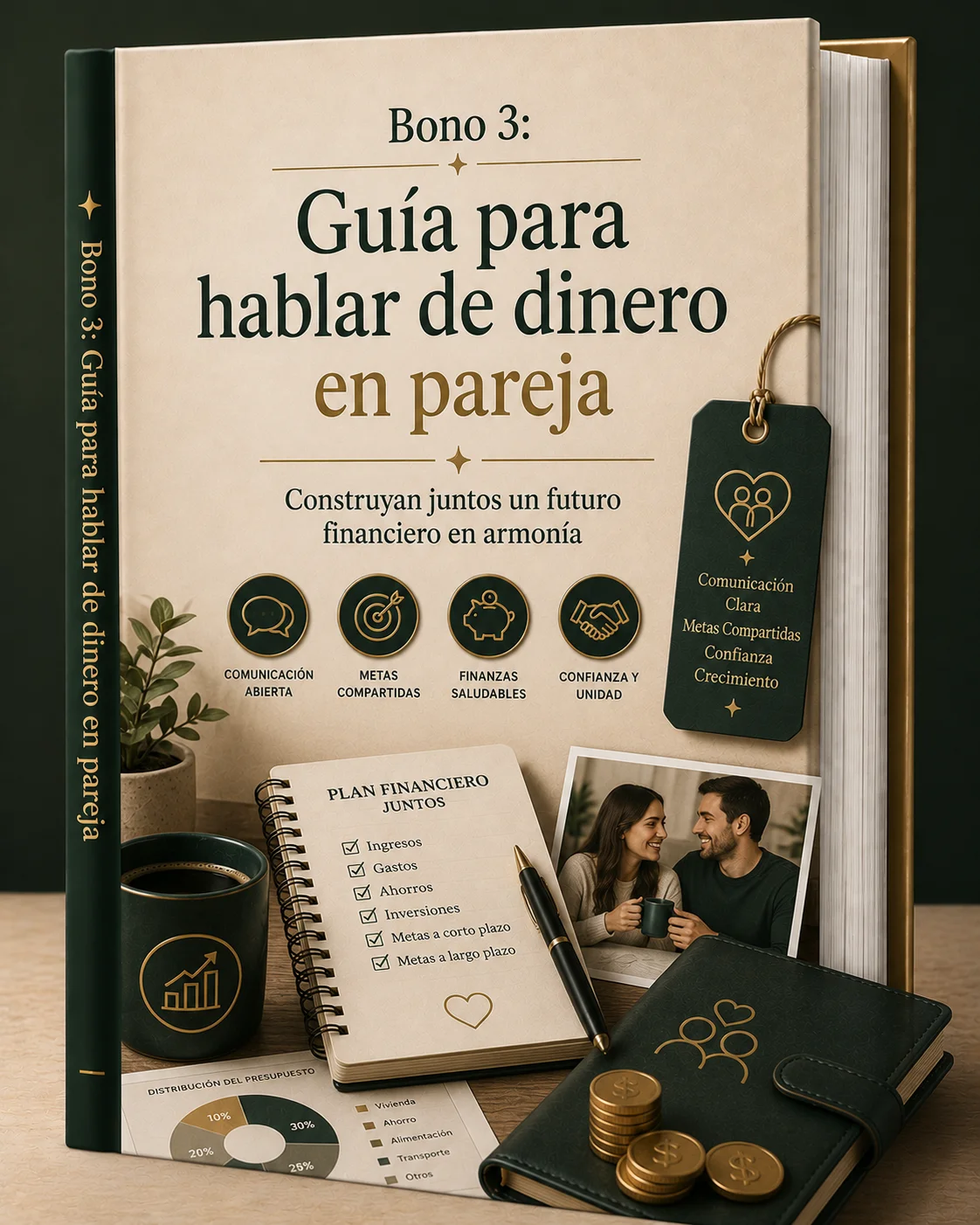 Dos personas con tazas de café y una libreta abierta sobre la mesa