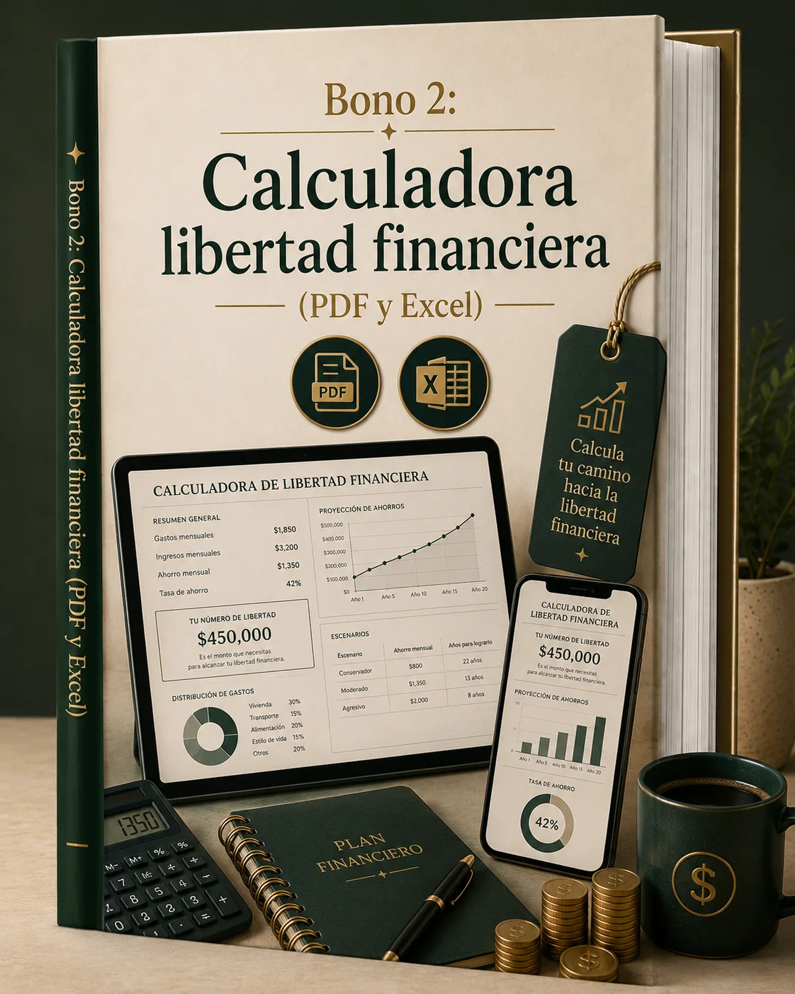 Laptop mostrando una hoja de cálculo financiera junto a una calculadora