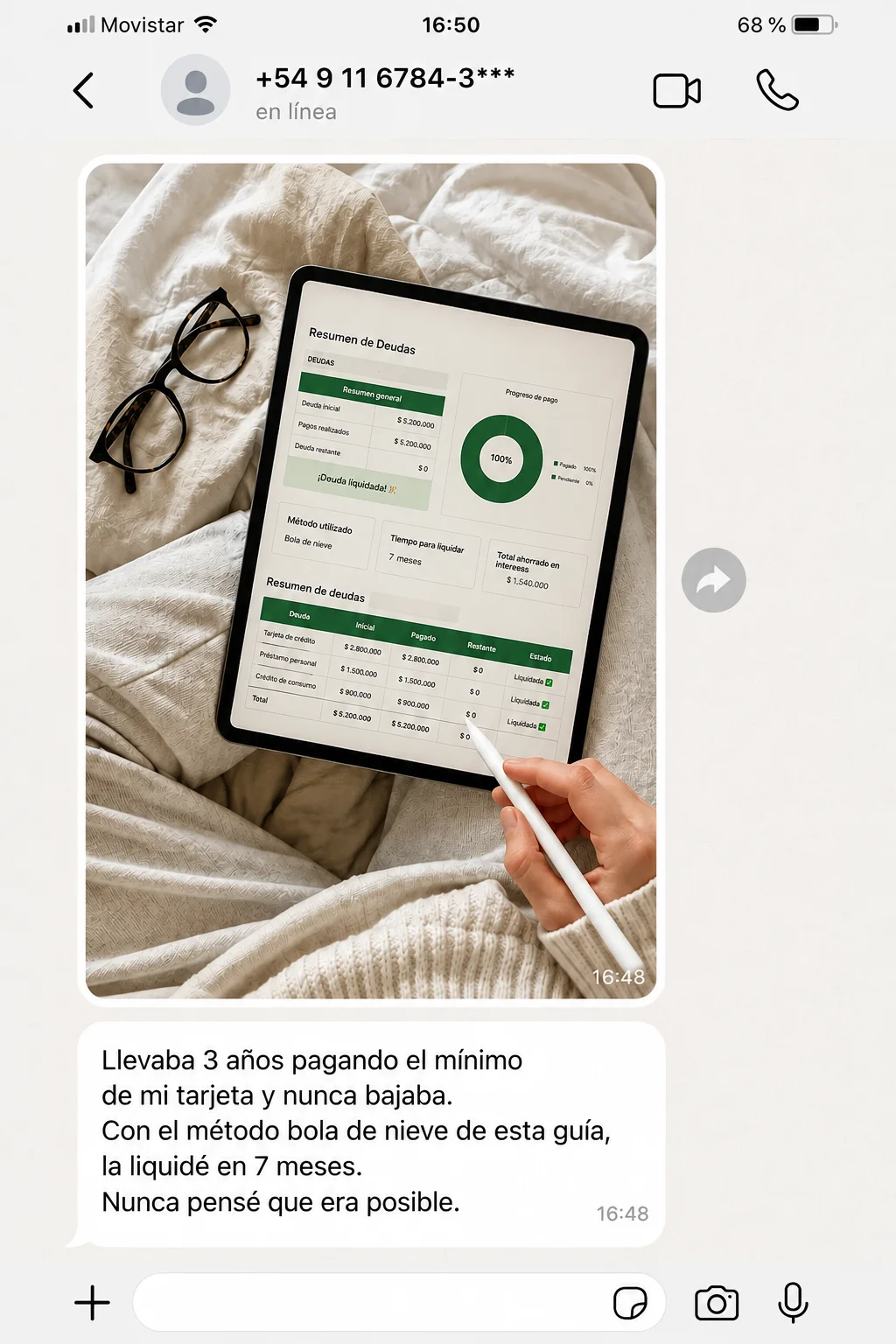 Mensaje de una compradora que liquidó su tarjeta con el método bola de nieve