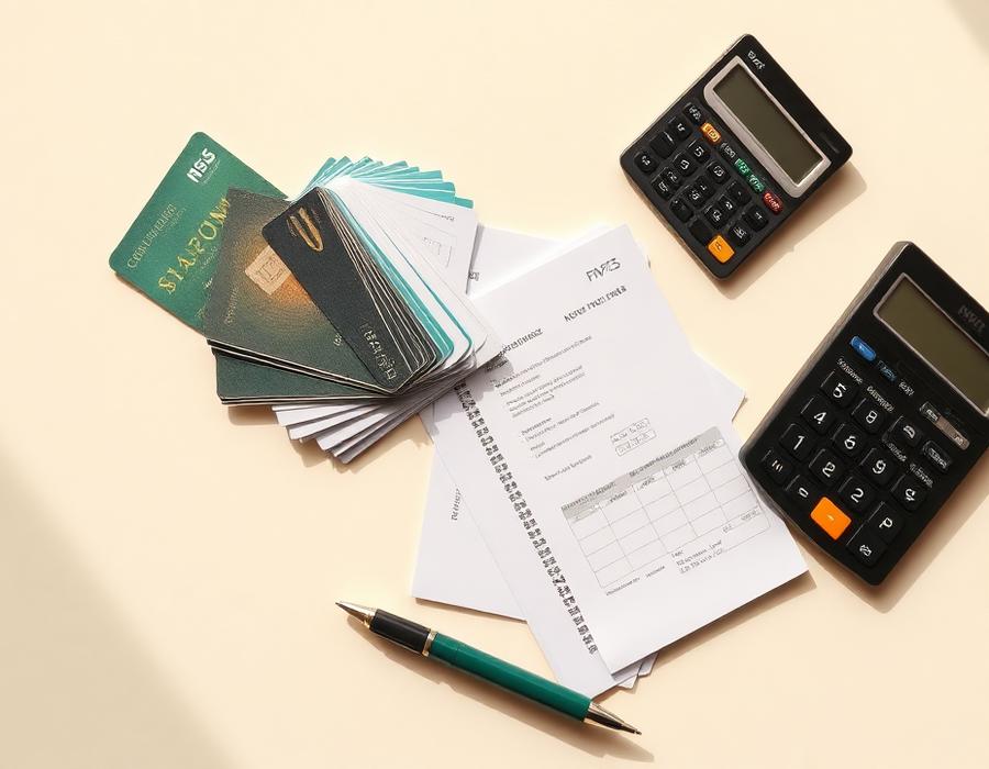 Tarjetas de crédito, calculadora y estados de cuenta sobre un escritorio