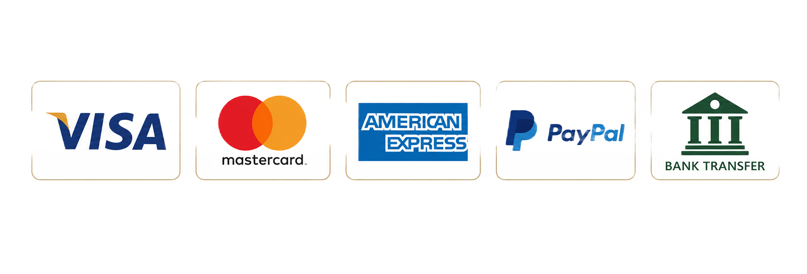 Métodos de pago aceptados: Visa, Mastercard, American Express, PayPal y transferencia bancaria